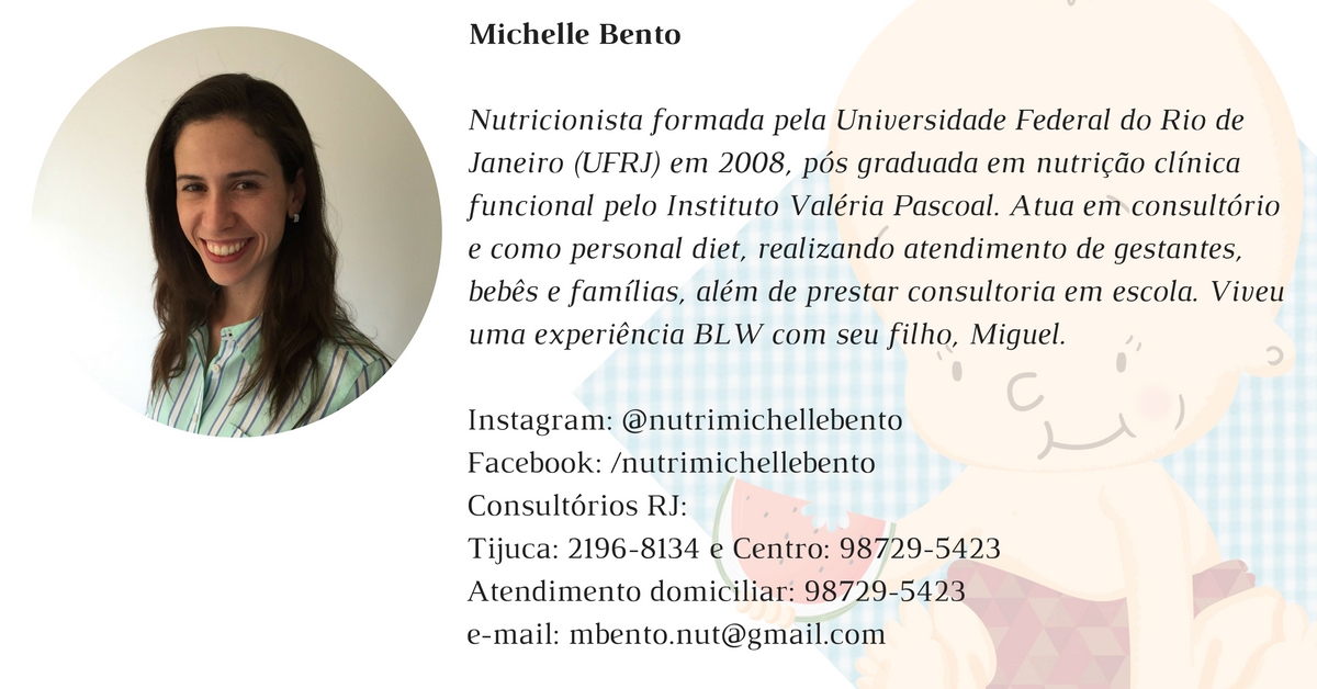 Michelle BentoNutricionista formada pela Universidade Federal do Rio de Janeiro (UFRJ) em 2008, pós graduada em nutrição clínica funcional pelo Instituto Valéria Pascoal. Atua em consultório e como personal (2)